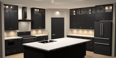 a large kitchen with black cabinets and white counter tops