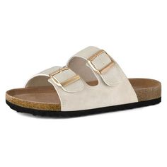 Our stylish and lightweight Women's Cork Sandals for a comfortable and casual summer outfit. Synthetic Upper for a Fresh Fashion Experience. Adjustable Buckle for Easy Fit. Foam Cushioned Insole with Arch Support for Enhanced Comfort. Designed with Relaxation in Mind, Our Product Ensures a Relaxed Feeling Wherever You Go. Size: 11.  Color: Off-White.  Gender: female.  Age Group: adult. Adjustable Strap Slip-on Footbed Sandals For Vacation, Slip-on Footbed Sandals With Adjustable Strap For Beach, Beige Footbed Sandals With Buckle Closure For Spring, Comfortable Double Strap Footbed Sandals For Summer, White Double Strap Sandals With Cork-bed Midsoles, Beige Buckle Closure Footbed Sandals For Spring, Comfortable Beige Footbed Sandals For Summer, Casual Adjustable Double Strap Footbed Sandals, Casual White Sandals With Adjustable Strap