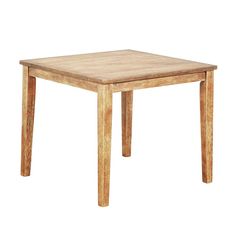 a square wooden table with one leg extended and two legs down, on a white background