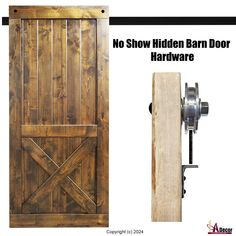 an image of a wooden barn door with the words no show hidden barn door hardware