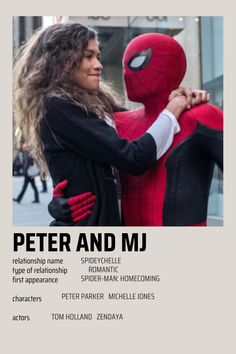 spiderman and woman hugging each other in front of an advertisement for the upcoming movie