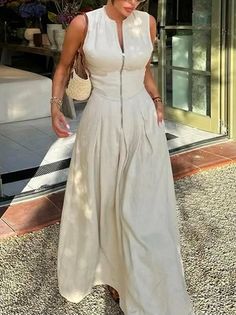 Street Dress, Dress Women Elegant, Linen Maxi Dress, Patchwork Dress, Dress Zipper, Types Of Dresses, Sleeveless Maxi Dress, Modest Outfits, Belted Dress