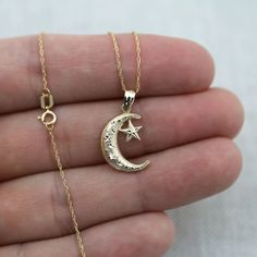 This Gorgeous Piece Is Made Of Solid 10kt Yellow Gold And Has Shimmering Diamond Cut Accents. Measures 3/4"L X 1/2"W This Listing Is For Pendant Only, I Have A Listing For The Entire Set Including The Chain On My Page As Well! Moon And Star Pendant, Moon Star Pendant, Ethereal Jewelry, Crescent Moon And Star, Beaded Boho Necklace, Gold Moon Necklace, Star Necklace Gold, Silver Necklace Set, Star Pendant Necklace