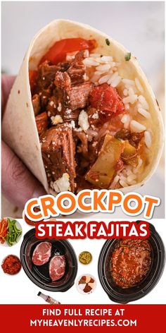 an advertisement for a mexican restaurant called crockpot steak fajitas with meat and vegetables