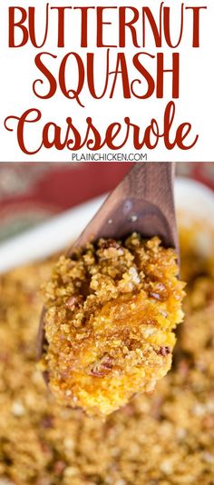 a spoon full of butternut squash casserole with text overlay that says butternut squash casserole