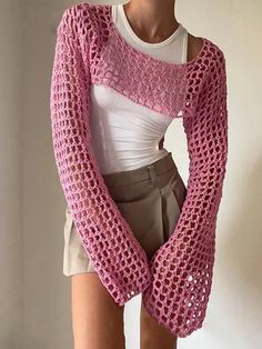 "Crochet Wall Hangings" Crochet Long Sleeve Tops, Beachy Outfits, Crop Pullover, Cutout Sweater, Cropped Pullover, Long Sleeve Knitted Cardigan, Pink Crochet, Crop Top Sweatshirt, Smock Top