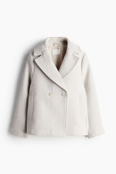 Short  double-breasted pea coat in soft twill. Notched lapels  buttons at front  gently dropped shoulders  and welt side pockets. Lined. White Pea Coat, Olivia Grace, Pull Oversize, Pea Coat, Long Coat, Light Beige, Peas, Athleisure, Double Breasted