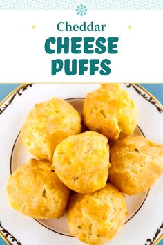 cheesy puffs on a plate with text overlay