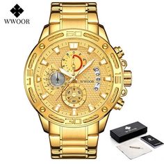 Brand Name: WWOORBand Length: 23cmStyle: SportMovement: QUARTZCertification: CECertification: RoHSWater Resistance Depth: 5BarClasp Type: Bracelet ClaspOrigin: CN(Origin)Case Material: AlloyCase Thickness: 15mmDial Window Material Type: HardlexItem Type: Quartz WristwatchesBoxes & Cases Material: PaperBand Material Type: Stainless SteelDial Diameter: 48mmModel Number: 8879 GoldBand Width: 24mmCase Shape: RoundFeature: Stop WatchFeature: Shock ResistantFeature: luminousFeature: Auto DateFeatu Military Watches, Waterproof Watch, Wristwatch Men, Sport Watches, Stainless Steel Watch, Automatic Watch, Chronograph Watch, Quartz Movement, Gold Watch