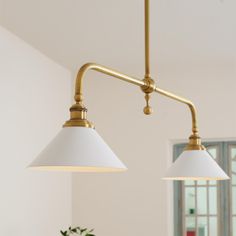 two white lamps hanging from the ceiling in a room with a potted plant next to it