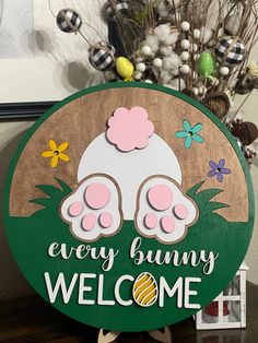 Every Bunny Welcome Door Hanger Easter Bunny Door Hanger, Bunny Door Hanger, Easter Door Hanger, Easter Sign, Door Signs Diy, Paint Parties, Signs Diy, Easter Door, Sign Making