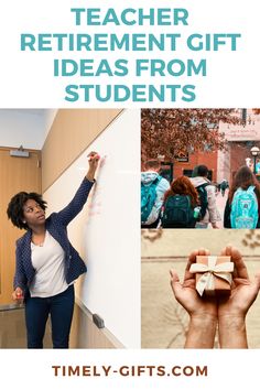 a woman writing on a whiteboard with the words teacher retirement gift ideas from students