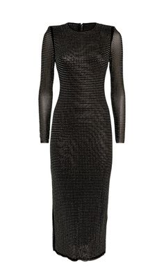 ENBELLISHED MESH MIDI DRESS IN BLACK Bodycon Dinner Dress For Winter, Bodycon Dress For Dinner In Winter, Winter Bodycon Dinner Dress, Black Bodycon Long Sleeve Dress For Party, Black Bodycon Long Sleeve Party Dress, Black Long Sleeve Cocktail Dress For Winter, Black Winter Dress For Dinner, Black Winter Dinner Dress, Winter Black Dinner Dress