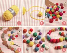 the steps to make a beaded bracelet with beads and yarn on it, including balls of