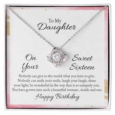 Celebrate her sweet sixteen and let her know just how much you love her with our Sweet Sixteen Love Knot Necklace. Representing an unbreakable bond between two souls, this piece features a beautiful pendant embellished with premium cubic zirconia crystals. Surprise your daughter with this gorgeous gift on her sweet sixteen and remind her that although she's getting older your bond is unbreakable! 14k white gold over stainless steel or 18k yellow gold over stainless steel 6mm round cut cubic zirc Birthday Necklace, Sixteenth Birthday, Jewelry Knots, Shine Your Light, Love Knot Necklace, Daughter Necklace, Sweet 16 Birthday, Love Knot, Daughter Birthday