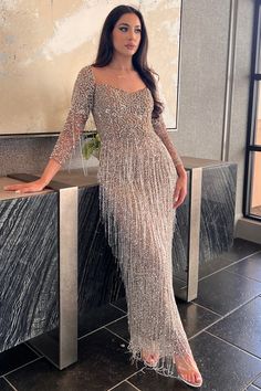 Aleya Long Sleeve Beaded Dress | Modest Evening Wear by Iyza Belaar – B Chic Fashions Long Sleeve Prom Dress, Modest Evening Gowns, Prom Dress Beaded, Sleeve Prom Dress, Dress With Tassels, Gowns Couture, Dinner Gown, Formal Occasion Dress, Long Sleeve Evening Gowns