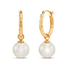 Look lovely and incandescent in these exquisite earrings. A round freshwater cultured pearl dangles from a 10K yellow gold hoop with diamond-cut texturing and a high polish finish. The earrings secure with hinged backs. Luxury Elegant Hoop Earrings With Pearl Drop, Yellow Gold Pearl Earrings, Yellow Gold Hoop Earrings With Pearl Charm For Anniversary, Anniversary Yellow Gold Hoop Earrings With Pearl Charm, 14k Gold Hoop Earrings With Pearl Drop For Anniversary, Anniversary Pearl Drop Hoop Earrings Fine Jewelry, Yellow Gold Small Hoop Pearl Earrings For Anniversary, Anniversary Pearl Drop Hoop Earrings, Hoop Dangle Earrings