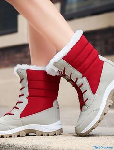 OrcaJump - Womens Waterproof Mid-Calf Flat Heel PU Laced Solid Color Boots (Black Red) for Daily Outdoor Use Red Ankle Boots For Winter, Red Winter Boots With Round Toe, Red Boots With Round Toe For Winter, Red Round Toe Boots For Winter, Red High-top Hiking Boots, Red High-top Waterproof Boots For Outdoor, Winter Hiking Boots Closed Toe, Winter Hiking Boots With Closed Toe, Red Insulated Winter Boots