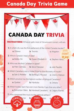 Canada Day Trivia Game Canada Day Games For Adults, Canada Day Party Games, Canada Day Games, Canada Day Activities, 4th Of July Trivia, Canada Party, Canada Day Party, Word Puzzle Games, Staff Appreciation Gifts