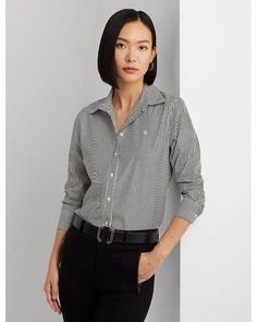 Elevate your everyday style with our Striped Button Front Top. This versatile shirt features a classic point collar and long sleeves with button cuffs, perfect for transitioning from work to weekend. The front button closures add a touch of sophistication, while the shirttail hem allows for easy tucking or wearing untucked for a more relaxed look. The subtle 'LRL' embroidery adds a touch of charm and showcases the quality craftsmanship of this imported piece. Crafted from high-quality fabric, this top offers a comfortable and flattering fit that will keep you looking and feeling great all day long. The timeless striped design adds a chic and polished touch to any outfit, whether you pair it with tailored trousers for the office or with your favorite jeans for a casual weekend look. This St Cotton Shirt With Collared Neckline For Work, Collared Cotton Blouse With Button Closure, Cotton Shirt With Button Cuffs And Collared Neckline, Slim Fit Tops With Button Cuffs For Fall, Fall Slim Fit Tops With Button Cuffs, Cotton Blouse With Button Cuffs And Collar, Cotton Blouse With Collar And Button Cuffs, Classic Collared Cotton Blouse, Office Shirt With Collared Neckline In Cotton