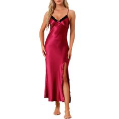 The cheibear satin slip long nightgown, made of soft satin fabric and lace, is comfortable and fashionable. Features lace, V neck, split thigh, adjustable straps, sleeveless, slip dress, cross back, backless, long and elegant. This cheibear lace cross-back sleepwear is fashionable and easy to match. It can be worn as pajamas to sleep, as a chemise under clothes, or directly worn as a night dress or full dress. It is very suitable for home leisure, daily wear, first dates, weddings, honeymoons, a Long Sleep Dress, Long Nightgown, One Piece Clothing, Lingerie Party, Full Dress, Honeymoons, Sleep Dress, One Piece Pajamas, Satin Slip