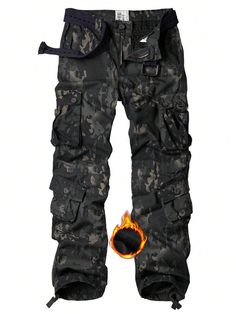 Dark Camo  Collar  Composite Fabric   Embellished Non-Stretch,Slight Stretch  Men Outdoor Apparel Winter Cargo Pocket Parachute Pants For Outdoor Activities, Winter Outdoor Parachute Pants With Cargo Pockets, Combat Pants With Cargo Pockets For Outdoor Activities, Winter Bottoms For Outdoor Activities With Multiple Pockets, Tactical Parachute Pants For Outdoor Activities, Winter Techwear Bottoms For Outdoor, Winter Outdoor Techwear Bottoms, Techwear Bottoms For Outdoor Winter Wear, Winter Outdoor Bottoms With Cargo Pockets