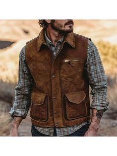 Men Vest Coats, Men's Vintage Suede Multi-Pocket Outdoor Motorcycle Lapel Vest Jacket Fall Outerwear With Patch Pockets For Outdoor Work, Fall Outdoor Work Outerwear With Patch Pockets, Fall Utility Jacket With Patch Pockets For Outdoor Work, Rugged Outerwear With Pockets For Outdoor Work, Utility Hunting Jacket With Pockets, Utility Outerwear With Pockets For Hunting, Casual Hunting Outerwear With Pockets, Rugged Outdoor Work Outerwear With Pockets, Utility Jacket With Pockets For Hunting