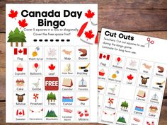 two canada day bingo cards with canadian symbols and the words cut outs on them, sitting next to each other