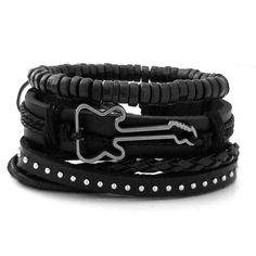 Music is your life and this multilayer guitar bracelet set complements your love for music. The multiple layers give it a very unique look. The all black bracelets are versatile and can be worn with any of your outfits. You can wear the bracelets together as a set or each one separately to create a different everyday. Every set is handmade with care. Product Information Set comes with 3 bracelets Material: faux leather Chain Type: rope chain Metals Type: alloy Clasp Type: lace-up Length: about 6 Cheap Adjustable Punk Bracelets, Black Band Wristband For Concerts, Adjustable Black Punk Wristband, Black Edgy Bracelets As Gift, Black Rock Style Wristband As Gift, Adjustable Black Metal Braided Bracelet, Edgy Black Band Bracelets, Black Punk Festival Bracelets, Black Punk Bracelets For Festival