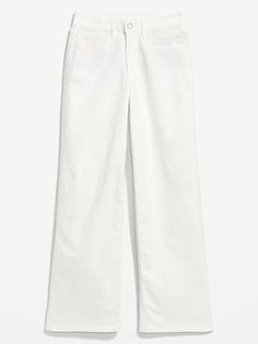 button front belt loops zip fly front scoop pockets back patch pockets sits at belly button loose hip and thigh 31" regular inseam 29" petite inseam 35&quot tall inseam models are approx.  5'9" and wear sizes s (4), l (12), and xl (18) White Jeans Wide Leg, Lily White, Back Patch, Petite Size, Belly Button, Christmas List, Wide Leg Jeans, Size 20, White Jeans