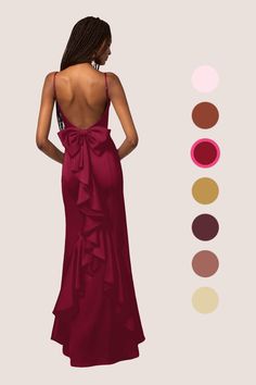 This stretch satin floor length dress features a straight neckline, adjustable spaghetti straps, a bow back, a ruffle design, and a mermaid skirt. Conformation Ideas, 1920 Theme, Wine Color Bridesmaid Dress, Formal Dance Dresses, Burgundy Bridesmaid Dress, Satin Mermaid Dress, Prom Inspo, Azazie Dresses, Snow Ball