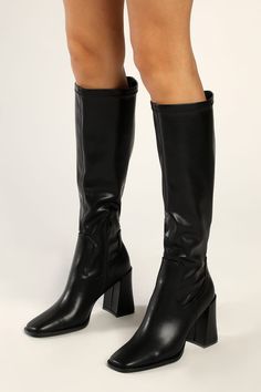 Black Boots - Faux Leather Knee-High Boots - High Heel Boots - Lulus Black Square Toe Knee High Boots, Square Toe Boots Outfit, Square Toe Knee High Boots, Kneehigh Boots, Laura Harrier, Tall Black Boots, High Leather Boots, Black Knee High Boots, Black Boots Tall