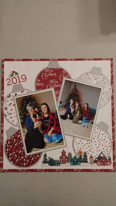 two pictures of people sitting in front of a christmas tree and other holiday decorations on the wall