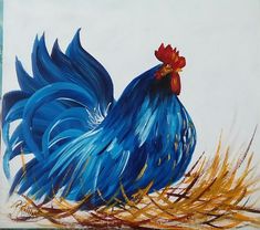 a painting of a blue rooster standing on top of dry grass in front of a white background