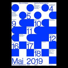 a poster with blue squares and numbers on the front, as well as white dots