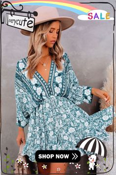 Green V Neck 3/4 Sleeve Bohemian Vintage Print Mini Dress Vintage Print Dress, Boheme Chic, Tassel Dress, Mini Dress Fashion, Babydoll Style, Bohemian Print, Boho Style Dresses, Blue Mini Dress, Vintage Bohemian