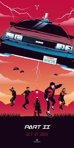 the back to the future movie poster is shown in red and blue tones, with an image of a car flying above it