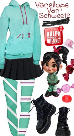 Vanellope Von Schweetz Inspired Outfit, Penelope Van Sweets Costume, Diy Vanellope Costume, Vanelope Von Sweet Costume, Penelope Von Schweetz Costume, Vanellope Costume, Disney Characters Halloween Costumes, Costume Halloween Duo, Vanellope Cosplay