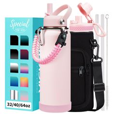 a pink and black water bottle with two straws in it next to a box