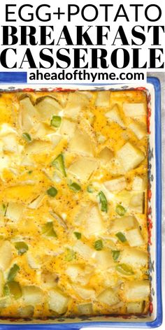 an egg and potato breakfast casserole in a blue dish with text overlay