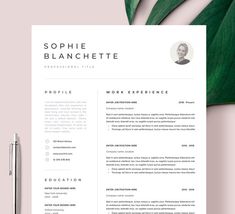 a clean and professional resume template with green leaves on the side, in front of a pink background