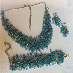 Lovely Faceted Faux Turquoise & Crystal Small Beaded Necklace Bracelet Is 6” Long With 3” Extender Necklace Is 12” L With 5 1/2” Extender Never Worn Turquoise Crystal Jewelry For Party, Party Turquoise Jewelry With Silver Beads, Party Turquoise Crystal Jewelry, Elegant Turquoise Jewelry With Faceted Beads, Beaded Turquoise Crystal Jewelry, Adjustable Turquoise Crystal Jewelry, Turquoise Beaded Crystal Jewelry, Turquoise Beaded Jewelry For Party, Turquoise Faceted Beads Costume Jewelry