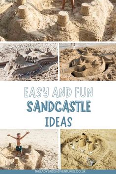 5 photos of different sandcastles and text that reads easy and fun sandcastle ideas Sand Castle Ideas For Kids At The Beach, Easy Sand Art Beach, Sandcastle Ideas Beach, Beach Sand Art For Kids, Things To Do In The Sand At The Beach, Beach Sand Art Sculpture Easy, Easy Sand Castle Ideas At The Beach, How To Build A Sand Castle, How To Make A Sand Castle