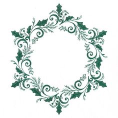 a green and white drawing of a circular frame with holly leaves in the center on a white background