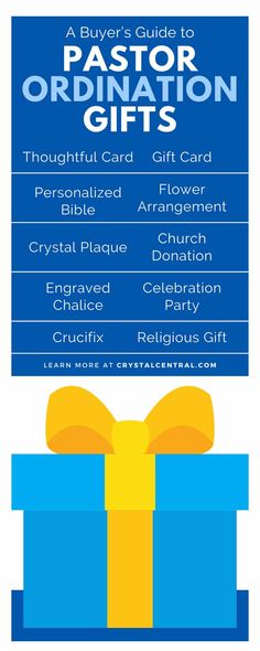 a blue and yellow gift card with the words pastor's guide to ordination gifts