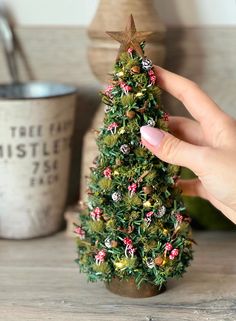 a miniature christmas tree in a pot on a table