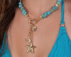 Chunky Howlite Necklace, Starfish Charm Necklace Gold, Beach Jewelry, Summer Necklace, Y Lariat Necklace Pendant, Handmade Ocean Jewelry - Etsy Gold Beach Jewelry, Howlite Necklace, Gold Beach, Jewelry Summer, Beaded Necklace Diy, Ocean Jewelry, Necklace Diy, Gold Charm Necklace, Summer Necklace