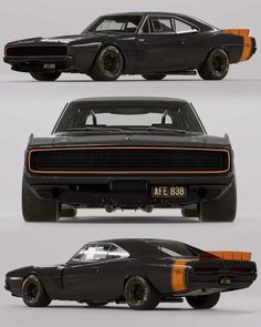 three different views of an old muscle car, one black and the other brown with orange stripes