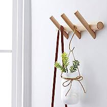 a white vase with some plants hanging from it's side next to a wall mounted coat rack