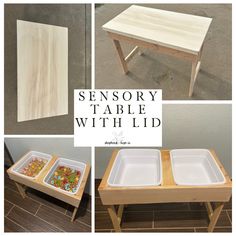 four different pictures with the words, sensory table with lid and two trays on each side